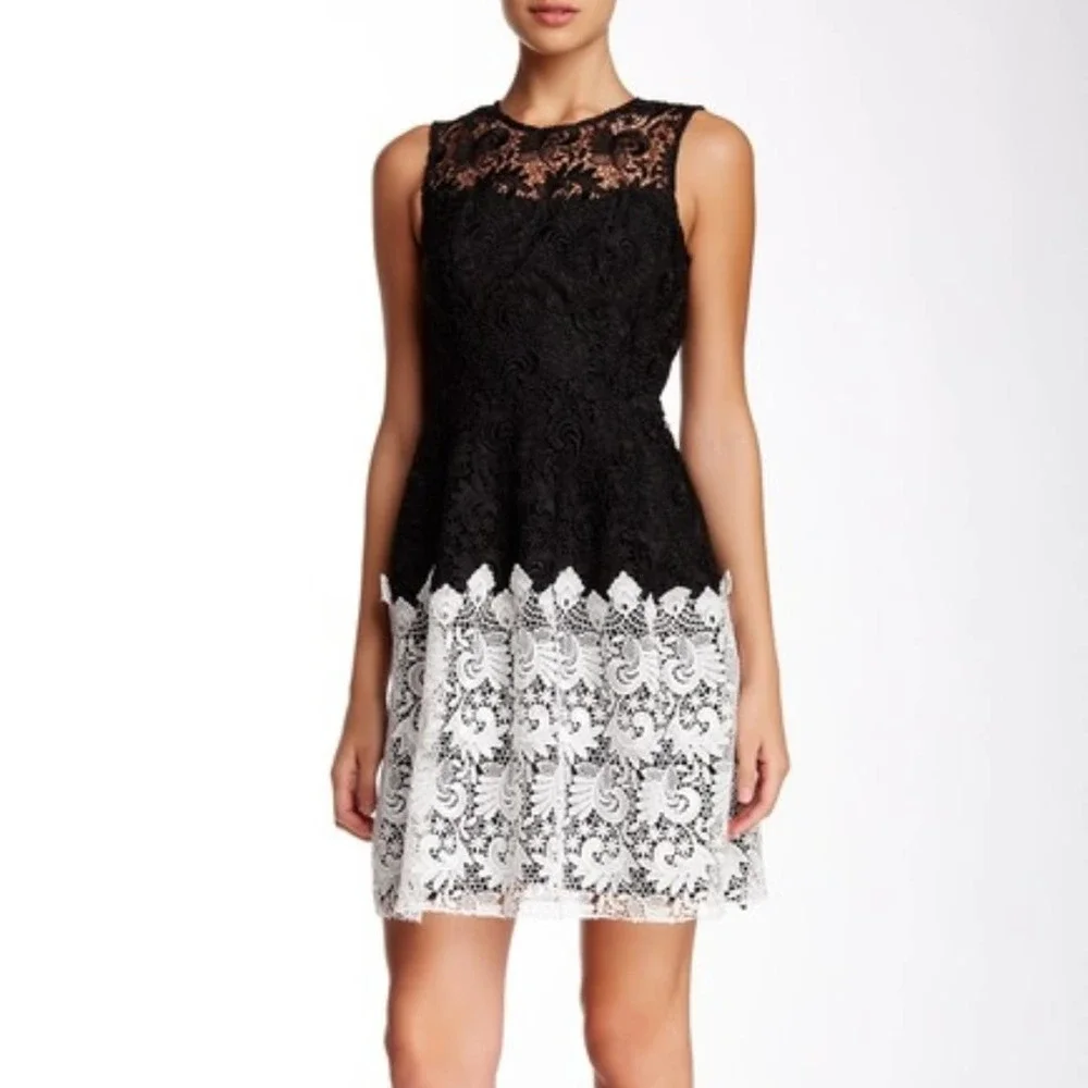 NWT ABS Allen Schwartz SZ 6 Sleeveless Lace Sheath Dress Black/Ivory Made In USA